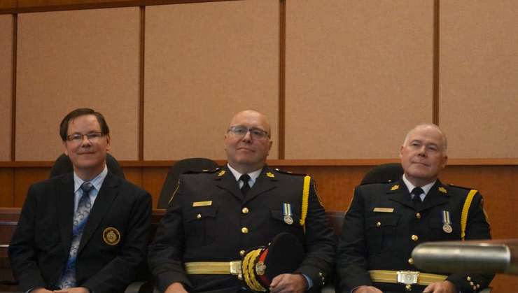 Sarnia Police Services Board Chair Paul Wiersma, Police Chief Derek Davis, and Deputy Chief Ron Hansen. August 20, 2024. (Photo by Melanie Irwin)