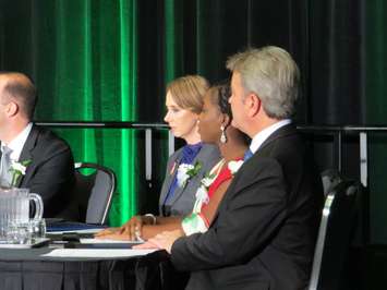 Councillors Elizabeth Peloza, Arielle Kayabaga, and Steve Hillier at the inaugural council meeting at the London Convention Centre, December 3, 2018. (Photo by Miranda Chant, Blackburn News)