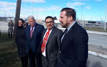 (From left to right) NDP MPPs Sandy Shaw, Percy Hatfield, Sol Mamakwa and Ian Arthur speak with protesters in Point Edward. January 24, 2019. (Photo by Colin Gowdy, BlackburnNews)