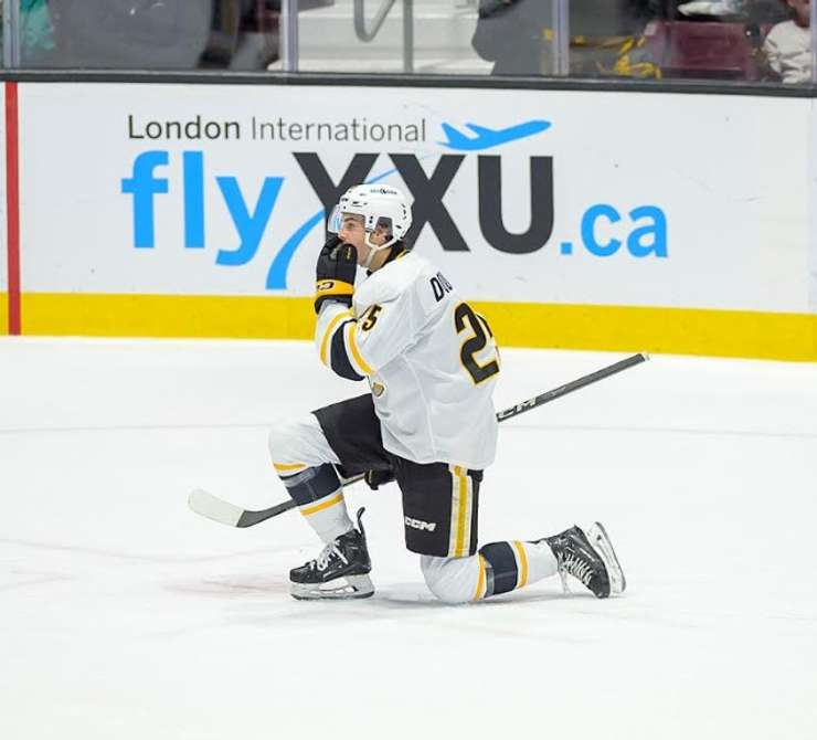 Sarnia Sting forward Tyson Doucette celebrates a goal - Oct. 25/24 (Photo courtesy of Metcalfe Photography)