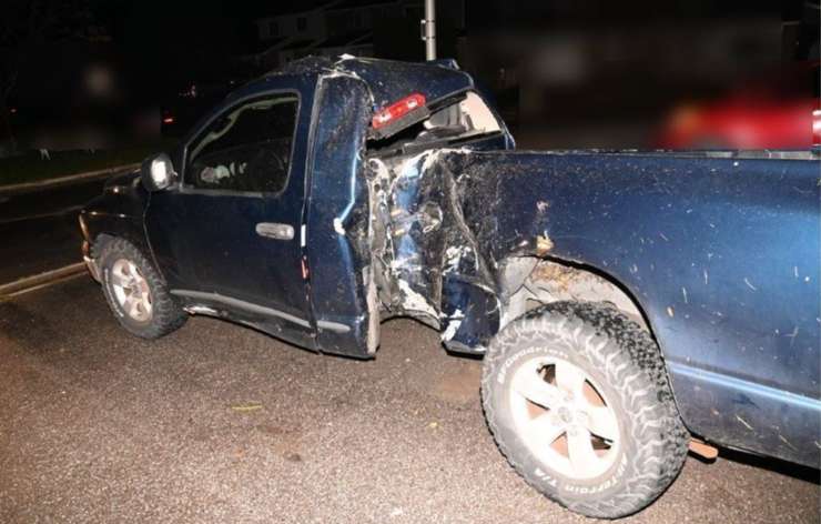 Pickup truck damaged in collision. November 12, 2024. (Photo courtesy of Sarnia Police Service) 