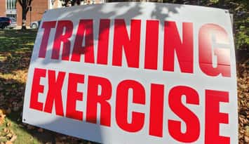 A sign indicating a training exercise is underway at a local school. Photo provided by Huron OPP.