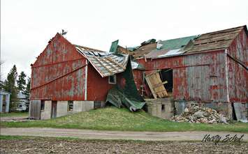 Photo of a barn near Thamesford damaged by a storm on April 11, 2017. Photo courtesy of Harry Schut of FotoSchut Photography. 