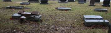 More than 50 headstones damaged at a Mitchell cemetery. Photo courtesy of the OPP via Twitter.