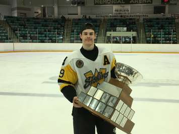 A Cherry holding a Cherrey: Siskins veteran scoring star Sam Cherry holding the 2019 Cherrey Cup after his team beat out Listowel for the title on home ice. April 7th, 2019 (Photo by Ryan Drury)