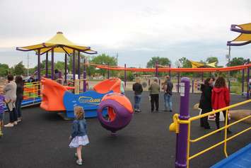 Students, parents and teachers enjoy a sneak preview of the Farrow Riverside Miracle Park in Windsor, May 24, 2019. Photo by Mark Brown/Blackburn News.