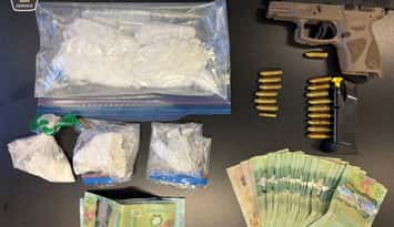 Drugs, a handgun and cash seized from a London Line property - Oct. 6/26 (Photo courtesy of Sarnia Police Service)