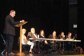 Candidates in Tecumseh's Ward 2 by-election take questions from residents at a 'meet the candidates' event held at L'Essor Secondary School on October 3, 2016. (Photo by Ricardo Veneza)