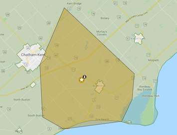 Chatham-Kent power outage Oct. 6, 2020. (Screenshot of Hydro One's outage map).