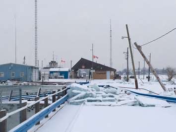 Ice damage to the Bluewater Ferry causeway.  Jan 2018, BlackburnNews.com photo by Sue Storr.