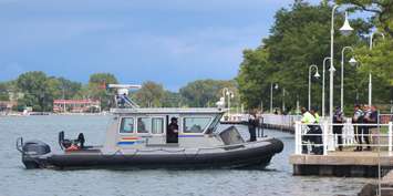 RCMP boat and first responders near Ferry Dock Hill, Sarnia for float down Aug. 16, 2020 (BlackburnNews.com photo by Dave Dentinger)