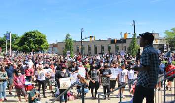 United Church Minister Adam Kilner addresses Black Lives Matter rally at Sarnia City Hall June 13, 2020 (BlackburnNews.com photo by Dave Dentinger)