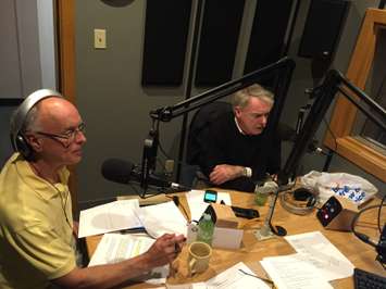 The 103.9FM/1070AM Election Anchor Desk with Analysts Larry Gordon and Mayor Mike Bradley. October 19, 2015 (BlackburnNews.com Photo by Briana Carnegie)