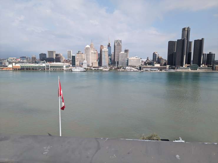The Detroit skyline and the Great Canadian Flag in downtown Windsor, April 17, 2024. WindsorNewsToday.ca file photo.