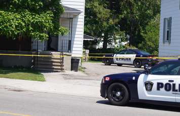 Sarnia police at an Ontario St. home for an assault investigation July 24, 2015 (BlackburnNews.com photo by Josh Boyce)