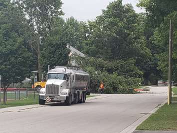 Damage near the ballpark in Brussels as hydro workers cut debris away. (Photo by Steve Sabourin)