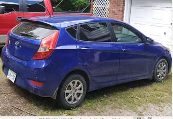 This blue 2012 Hyundai Accent was reportedly stolen on November 12, 2022 from a home on Albert Street in Wallaceburg. (Photo courtesy of Chatham-Kent police)