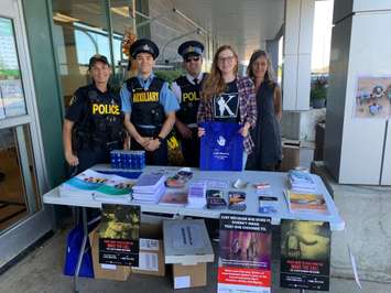 L-R: Constable Kerry-Lynn Hall, Auxiliary Constable Quinn Richardson, Staff Sergeant Ryan Olmstead, Jenna Leifso and Melanie Knights at the Human Trafficking Awareness table in Sobey's Kincardine on September 2nd, 2022 (Photo provided by OPP Constable Kevin Martin)