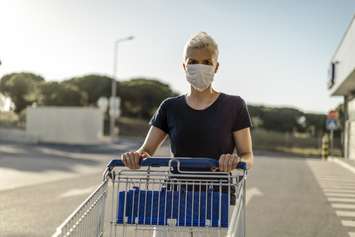 Woman wearing protective face mask with shopping cart in front of supermarket (© Can Stock Photo / malajski)