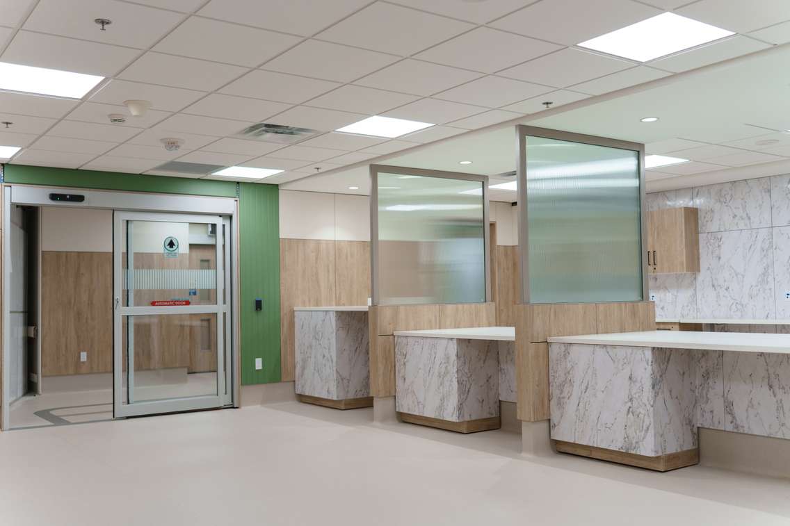The new reception area of Bluewater Health's renovated cancer clinic. Photo by Paradox Images. .