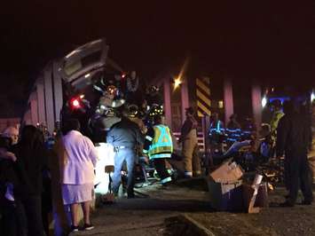 A vehicle collides with the River Canard bridge in Amherstburg, December 6, 2015. (Photo courtesy  @JPed024/Twitter)