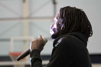 Recording artist and motivational speaker Emmanuel Jal visits Ursuline College in Chatham on November 26, 2015. (Photo by Ricardo Veneza)