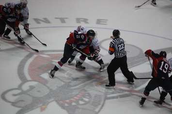 Windsor Spitfires forward Logan Brown takes a face-off in a game against the Owen Sound Attack at the WFCU Centre on January 7, 2016. (Photo by Ricardo Veneza)