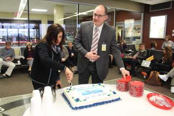 Air Transat business development manager Charlotte Antill and Windsor Mayor Drew Dilkens, December 21, 2015.  (Photo by Adelle Loiselle)