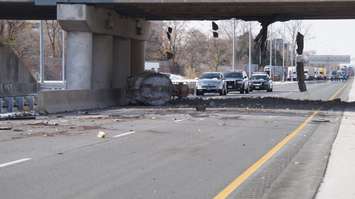 Transport truck load hits Indian Rd. overpass. November 23, 2015 (BlackburnNews.com Photo by Briana Carnegie)