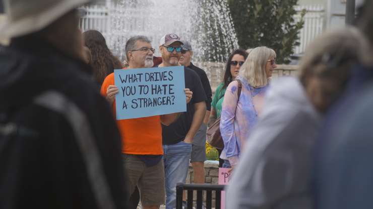 A counter protestor at the '1 Million March for Children' protest outside Sarnia City Hall. 20 September 2023. (Photo by SarniaNewsToday.ca)