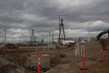 Construction site of the Gordie Howe International Bridge, February 15, 2023.  