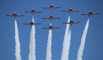 Canadian Armed Forces Snowbirds fly over Windsor International Airport, June 21, 2016. (Photo by Maureen Revait) 