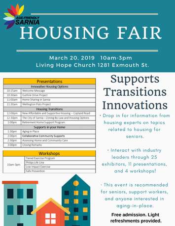 Poster for the Age Friendly Sarnia Housing Fair. March 2019. (Photo by City of Sarnia)