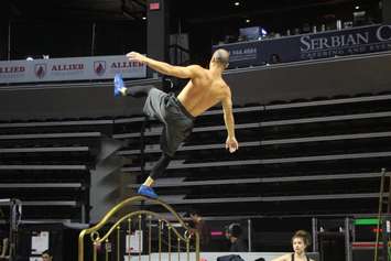 An acrobat practices on a trampoline during a media preview for Cirque du Soleil's 'Corteo', at the WFCU Centre in Windsor, May 15, 2019. Photo by Mark Brown/Blackburn News.