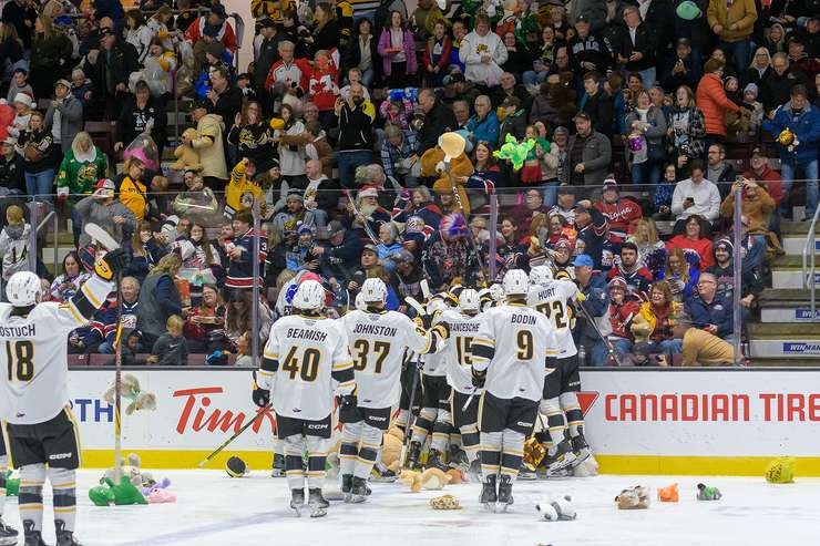 Sarnia Sting host Saginaw in annual Teddy Bear Toss game Sunday, Dec 1, 2024. Photo by Metcalfe Photography. 