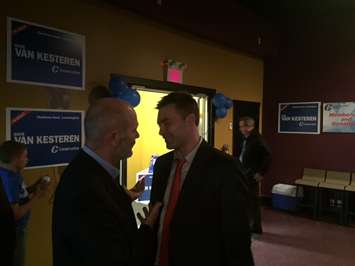 Chatham-Kent-Leamington NDP Candidate Tony Walsh congratulates CKL MP Dave Van Kesteren, October 19, 2015 (Photo by Mike James)