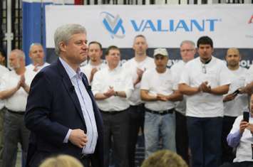 Canadian Prime Minister Stephen Harper makes an announcement at Valiant Machine & Tool in Windsor, May 14, 2015. (Photo by Mike Vlasveld)