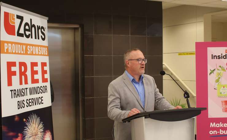 Transit Windsor Executive Director Tyson Cragg announces the annual Zehrs shuttle bus service to the Ford Fireworks, May 21, 2024. Photo by Mark Brown/WindsorNewsToday.ca.