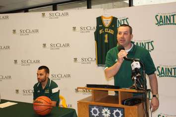 From right to left: St.Clair College Athletic Coordinator Ted Beale and Men's Varsity Basketball Coach Luc Stevenson May 12, 2015.  (Photo by Adelle Loiselle)