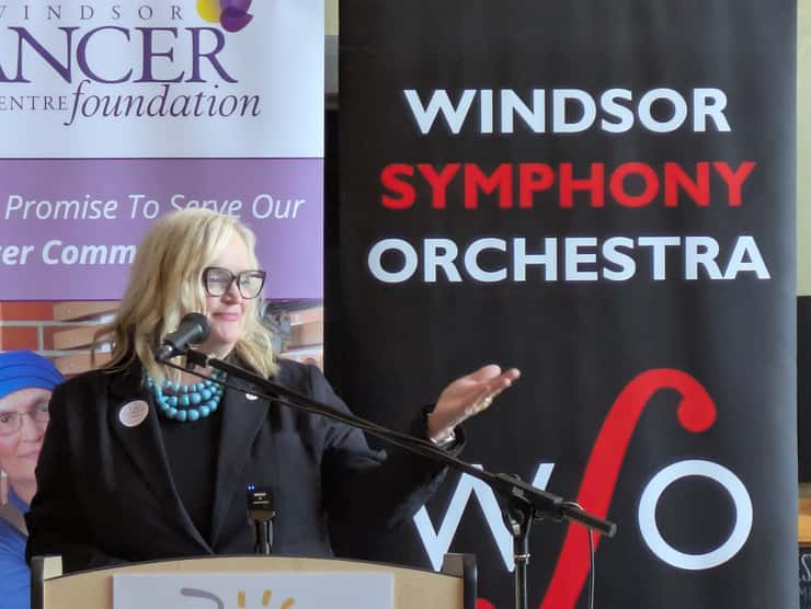 Windsor Symphony Orchestra Executive Director Patti Lauzon gestures during a news conference at Windsor Regional Cancer Centre, September 2, 2026. Photo by Mark Brown/WindsorNewsToday.ca.