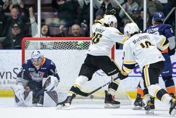 Sarnia Sting forward Nolan Burke celebrates a goal versus the Flint Firebirds. 6 November 2022. (Metcalfe Photography)