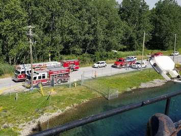 Fire crews respond to a blaze aboard a motor vessel docked in Sarnia, July 6, 2017. (Photo courtesy of Point Edward Fire and Rescue)