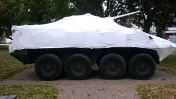 LAV III Memorial being placed at Veterans Park. Photo courtesy of Sarnia Legion via Twitter.