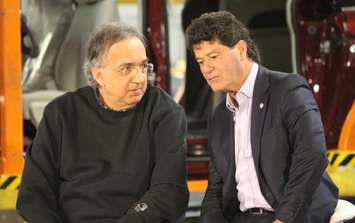 FCA President Sergio Marchionne and Unifor President Jerry Dias at the launch of the 2017 Chrysler Pacifica, May 6, 2016. (Photo by Maureen Revait) 
