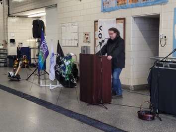 LiUNA Job Trainer Chad Hogan at 2023 Day of Mourning Ceremony in Sarnia. Sarnia News Today photo by Stephanie Chaves.