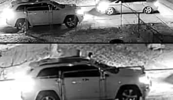 Surveillance camera images of two vehicles believed to be connected to a shots-fired incident in west Windsor on November 16, 2025. Images provided by Windsor police.