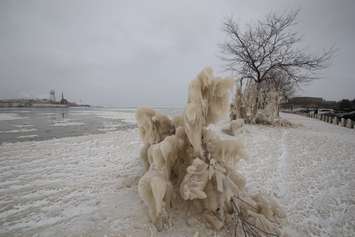Strong winds and bitterly cold air coat the St. Clair River waterfront with ice Jan. 15, 2018 (BlackburnNews.com photo by Dave Dentinger)