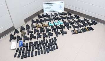56 prohibited firearms seized at the Blue Water Bridge in Point Edward on Nov. 1, 2021. (Photo courtesy of CBSA)