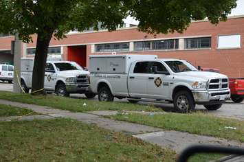 Vehicles from the Ontario Fire Marshals Office are seen of the former Accucaps plant in Windsor, September 20, 2018.  Photo by Mark Brown/Blackburn News.