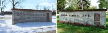 The Legion Memorial Chapel sign in Maple Leaf Cemetery before (right) and after (left) the letters were stolen. (Photos by Matt Weverink and submitted by Tom Mountain)